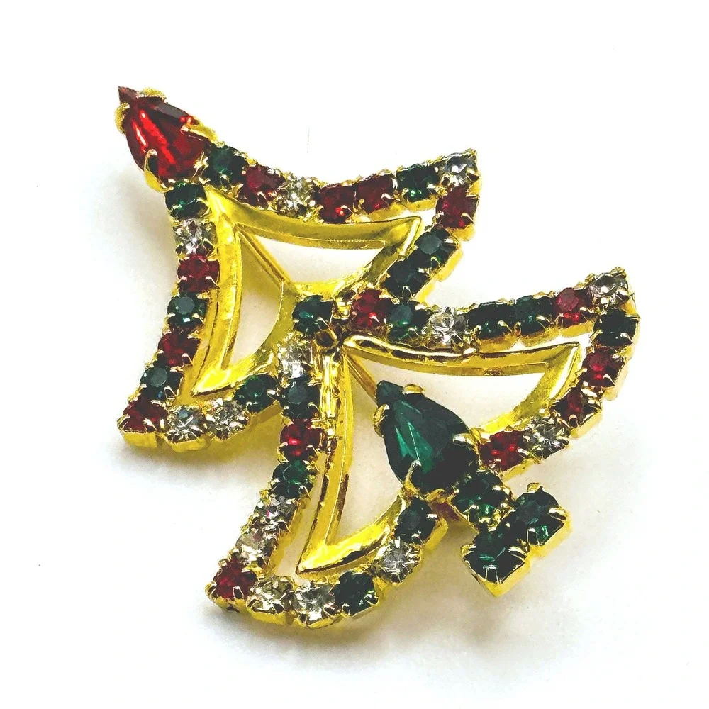 Vintage Christmas Tree Brooch Gold Tone Red Green Clear Rhinestone Holiday Pin